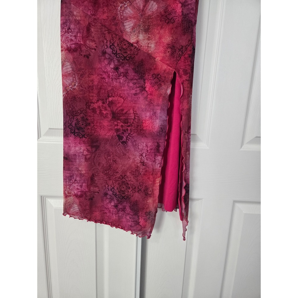 UO Pink Floral Mesh Strapless Midi Dress Side Slit Lettuce Edge Y2K Style M - Picture 2 of 7